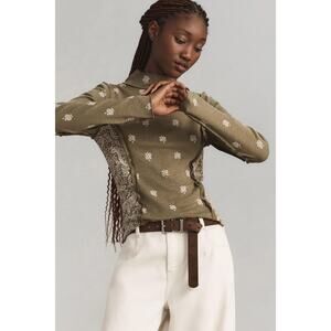 Anthropologie Pilcro Green Pailsey Print Mock Neck Long Sleeve Raw Hem Size S